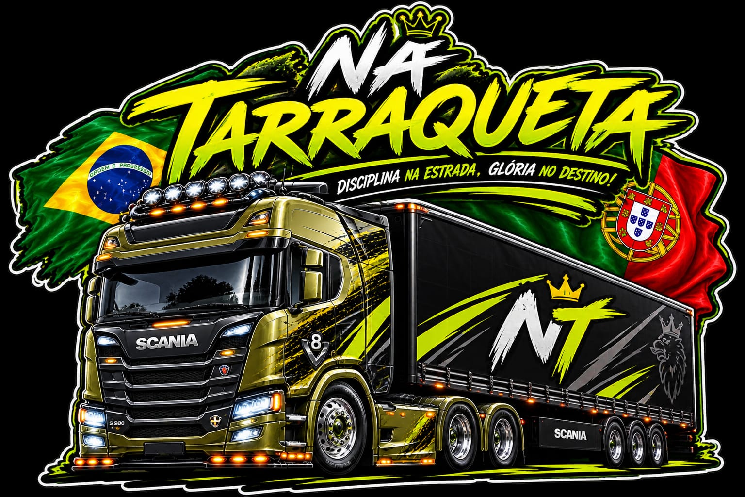 Na Tarraqueta: caminhão Scania com a sigla NT e bandeiras do Brasil e de Portugal